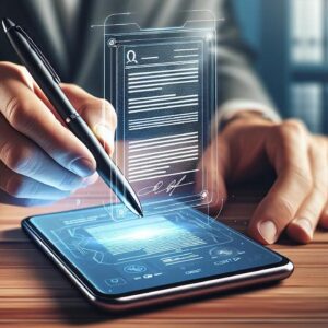 Close-up of a hand signing a digital document on a smartphone with a stylus.