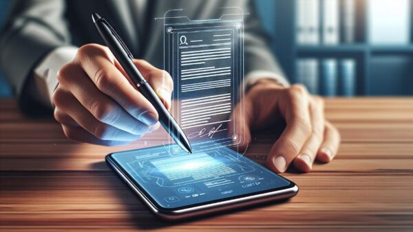 Close-up of a hand signing a digital document on a smartphone with a stylus.
