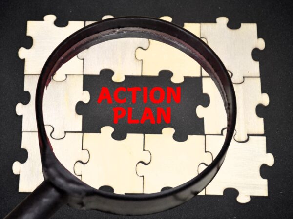 Magnifying glass highlights the red words “ACTION PLAN” over puzzle pieces.