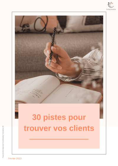 A guide cover titled “30 ideas to find your clients” with a hand writing in a notebook on a cozy couch.