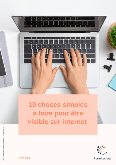 A digital guide cover titled “10 simple things to do to be visible online,” featuring hands typing on a laptop keyboard.