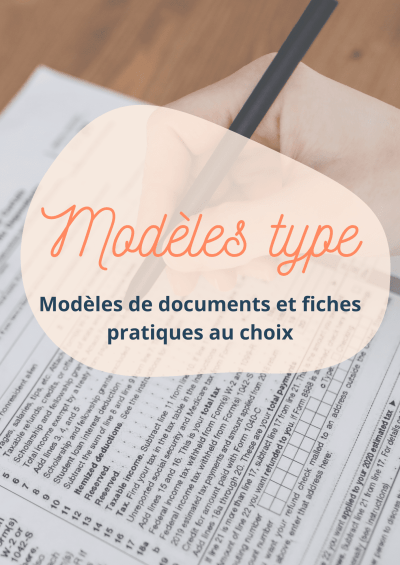 Graphic headed “Modèles type” over a close-up of a hand completing a form.