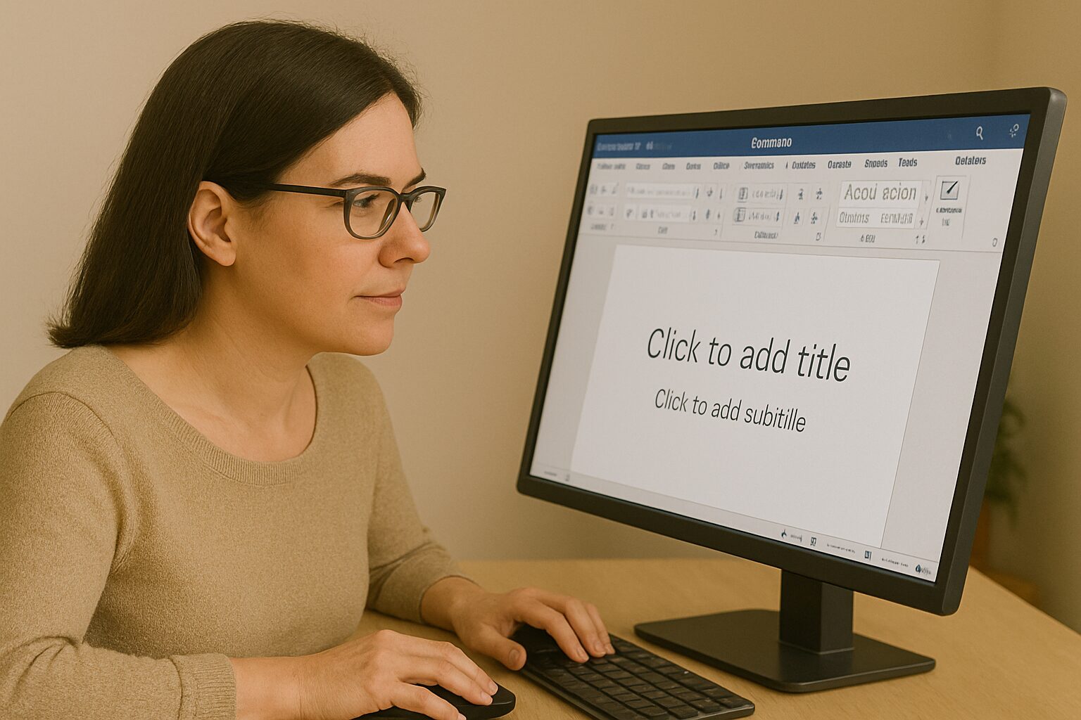 Woman in glasses working on a blank presentation slide at a desktop computer.