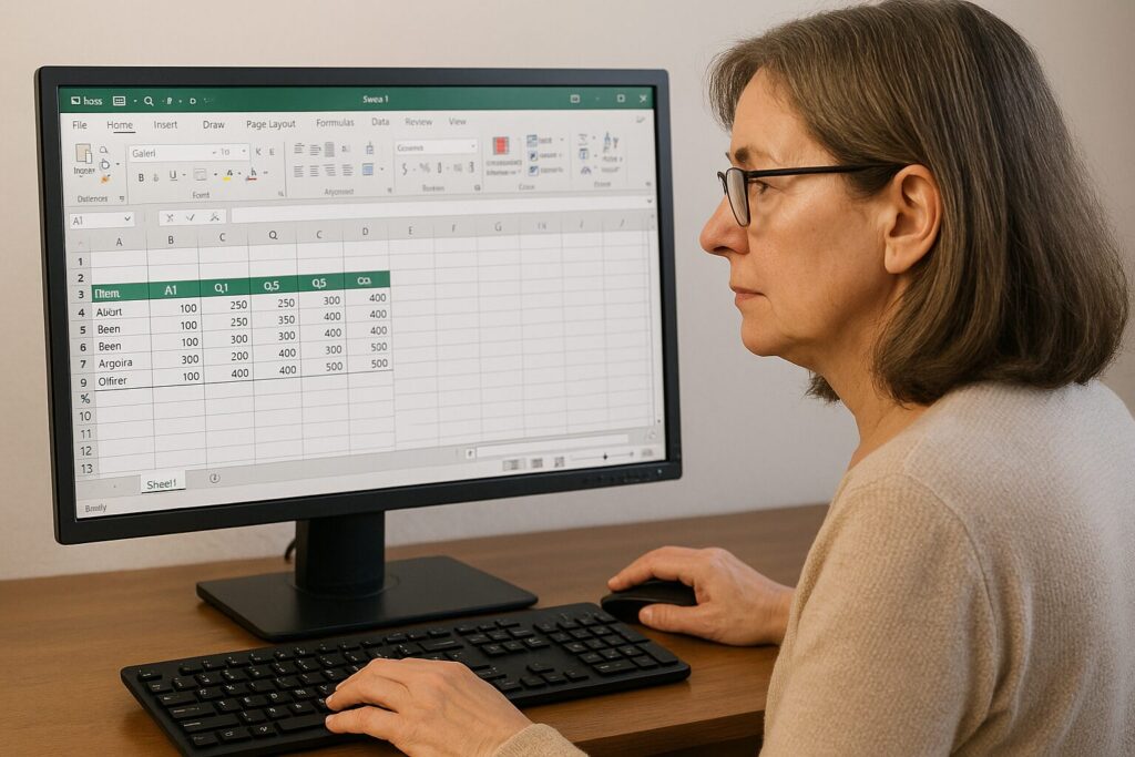 Woman studying an Excel spreadsheet on a desktop monitor.
